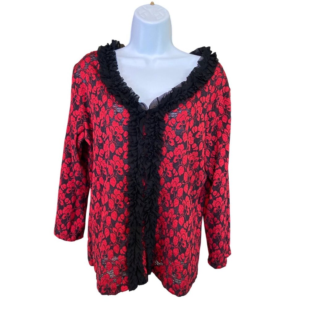 Vintage Caia Red Black Lace Blouse XL Floral Sheer Ruffle Gothic Romantic Goth